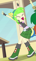 Size: 381x648 | Tagged: safe, imported from derpibooru, screencap, cherry crash, sweet leaf, equestria girls, equestria girls (movie), boots, clothes, cropped, devil horn (gesture), female, fingerless gloves, gloves, helping twilight win the crown, high heel boots, open mouth, pony ears, solo