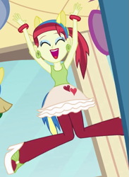 Size: 415x566 | Tagged: safe, imported from derpibooru, screencap, pinkie pie, rose heart, sweet leaf, equestria girls, equestria girls (movie), cropped, eyes closed, female, heart, jumping, open mouth, pony ears, solo