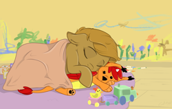 Size: 1280x813 | Tagged: safe, artist:rutkotka, imported from derpibooru, oc, oc only, blanket, cute, drawing, female, filly, ocbetes, plushie, sleeping, solo, toy