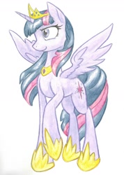 Size: 1024x1438 | Tagged: safe, artist:grokostimpy, imported from derpibooru, twilight sparkle, alicorn, pony, crown, female, queen, raised hoof, regalia, solo, traditional art, twilight sparkle (alicorn)