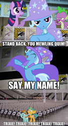 Size: 512x951 | Tagged: safe, edit, edited screencap, imported from derpibooru, screencap, snails, snips, spike, trixie, twilight sparkle, dragon, pony, unicorn, colt, comic con, female, male, mare, meme, san diego comic con, say my name