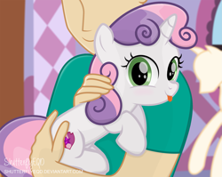 Size: 2467x1961 | Tagged: safe, artist:shutterflyeqd, imported from derpibooru, sweetie belle, human, pony, :p, blushing, clothes, cute, diasweetes, duo, female, filly, foal, hand on butt, holding a pony, horn, human on pony snuggling, looking at you, mannequin, mlem, petting, shirt, smiling, snuggling, the cmc's cutie marks, tongue out