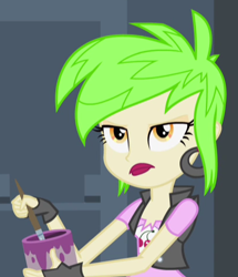 Size: 407x474 | Tagged: safe, imported from derpibooru, screencap, cherry crash, equestria girls, rainbow rocks, clothes, cropped, ear piercing, earring, female, gloves, jewelry, paintbrush, piercing, solo