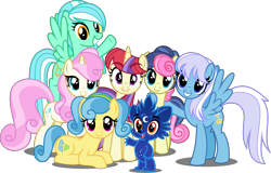 Size: 6000x3849 | Tagged: safe, artist:orin331, imported from derpibooru, bon bon, lemon hearts, lyra heartstrings, minuette, moondancer, sweetie drops, twinkleshine, oc, oc:dipper, alicorn, pegasus, pony, unicorn, ursa minor, dancerverse, absurd resolution, alicornified, alternate hairstyle, alternate universe, female, flying, group, looking at you, mare, prone, race swap, simple background, transparent background, ursa minimus