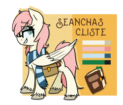 Size: 3106x2663 | Tagged: safe, artist:themodpony, imported from derpibooru, oc, oc only, oc:seanchas cliste, book bag, chest fluff, clothes, commission, cutie mark, glasses, green eyes, pink hair, reference sheet, scarf, solo, unshorn fetlocks