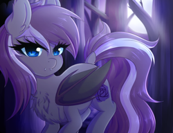 Size: 1280x982 | Tagged: safe, artist:fluffymaiden, imported from derpibooru, oc, oc only, oc:violet rose, bat pony, pony, bat pony oc, blue eyes, chest fluff, cute, female, forest, full moon, gift art, looking at you, mare, moon, night, solo