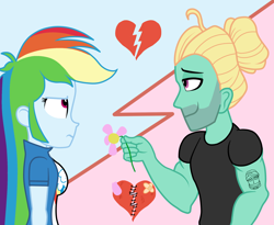 Size: 2200x1800 | Tagged: dead source, safe, artist:mashoart, imported from derpibooru, rainbow dash, zephyr breeze, equestria girls, beard, equestria girls-ified, facial hair, female, flower, heartbreak, male, one sided shipping, shipping, straight, tattoo, unrequited, zephdash