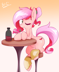 Size: 1790x2201 | Tagged: safe, artist:akainu_pony, imported from derpibooru, oc, oc only, oc:cheers, bottle, chair, drink, gradient background, leg warmers, one eye closed, sitting, solo, table, wink