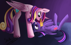 Size: 1980x1240 | Tagged: safe, artist:xskytheartist, imported from derpibooru, princess cadance, twilight sparkle, alicorn, pony, duo, female, lesbian, on back, shipping, sisters-in-law, twidance, twilight sparkle (alicorn)