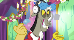 Size: 684x378 | Tagged: safe, imported from derpibooru, screencap, discord, draconequus, pony, celestial advice, balloon, clothes, cute, discute, flower, hat, headphones, male, rose, smiling, solo, twilight's castle