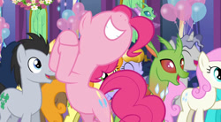 Size: 684x378 | Tagged: safe, imported from derpibooru, screencap, amber waves, arista, bright smile, carrot top, castle (crystal pony), coco crusoe, golden harvest, lucky clover, pinkie pie, star bright, twinkleshine, changedling, changeling, crystal pony, pony, celestial advice, female, frenulum (g4), male, mare, stallion, twilight's castle