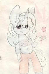 Size: 692x1040 | Tagged: safe, artist:slightlyshade, imported from derpibooru, trixie, anthro, unicorn, belly button, female, midriff, solo, traditional art