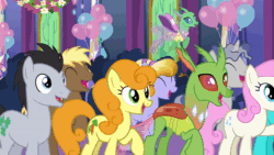 Size: 600x338 | Tagged: safe, imported from derpibooru, screencap, amber waves, arista, bright smile, carrot top, castle (crystal pony), coco crusoe, golden harvest, lucky clover, pinkie pie, star bright, twinkleshine, changedling, changeling, earth pony, pony, unicorn, celestial advice, animated, cheering, female, frenulum (g4), gif, male, mare, stallion, twilight's castle