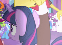 Size: 783x574 | Tagged: safe, imported from derpibooru, screencap, discord, double diamond, starlight glimmer, sugar belle, thorax, trixie, twilight sparkle, alicorn, changedling, changeling, pony, celestial advice, animated, cringing, cropped, gif, king thorax, twilight sparkle (alicorn), twilight's castle