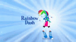 Size: 260x146 | Tagged: safe, imported from derpibooru, pinkie pie, rainbow dash, human, equestria girls, animated, balloon, blue background, boots, bracelet, clothes, commercial, compression shorts, eg stomp, equestria girls prototype, gif, hands on arms, high heel boots, irl, irl human, jewelry, jumping, live action, looking at you, magic of friendship (equestria girls), music video, open mouth, photo, picture for breezies, pink background, raised leg, simple background, skirt, socks, the eg stomp, wristband
