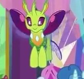 Size: 164x154 | Tagged: safe, imported from derpibooru, screencap, lokiax, party favor, changedling, changeling, pony, celestial advice, background changeling, cute, cuteling, flying, horn, offscreen character, picture for breezies, smiling, solo focus, twilight's castle, wings