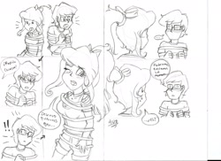 Size: 2335x1697 | Tagged: source needed, safe, artist:violetfeatheroficial, imported from derpibooru, oc, oc only, oc:crimson guard, oc:violet feather, equestria girls, bondage, comic, glasses, monochrome, sexy, spanish