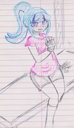 Size: 1268x2170 | Tagged: safe, artist:elgatosabio, imported from derpibooru, sonata dusk, equestria girls, bench, blushing, choker, clothes, crying, female, fingerless gloves, gloves, lined paper, shirt, shorts, sitting, solo, traditional art
