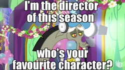 Size: 854x480 | Tagged: safe, edit, edited screencap, imported from derpibooru, screencap, discord, celestial advice, caption, clothes, director, headphones, image macro, looking down, male, meme, solo, text