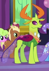 Size: 333x480 | Tagged: safe, imported from derpibooru, screencap, daisy, flower wishes, meadow song, thorax, trixie, changedling, pony, celestial advice, cape, clothes, equestrian pink heart of courage, hat, horn, king thorax, smiling, twilight's castle