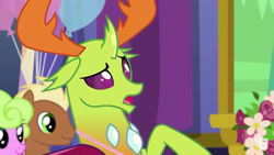 Size: 854x480 | Tagged: safe, imported from derpibooru, screencap, daisy, flower wishes, meadow song, thorax, changedling, earth pony, pony, celestial advice, horn, king thorax, twilight's castle