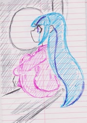 Size: 1511x2121 | Tagged: safe, artist:elgatosabio, imported from derpibooru, sonata dusk, equestria girls, clothes, crying, female, lined paper, pajamas, sitting, solo, traditional art, window