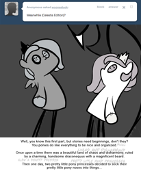 Size: 666x809 | Tagged: safe, artist:egophiliac, imported from derpibooru, discord, princess celestia, princess luna, alicorn, pony, moonstuck, ask, cewestia, female, filly, mare, monochrome, neo noir, partial color, pink-mane celestia, puppet, tumblr, woona, younger