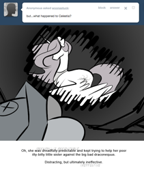 Size: 666x790 | Tagged: safe, artist:egophiliac, imported from derpibooru, discord, princess celestia, princess luna, alicorn, pony, moonstuck, ask, cartographer's cap, female, filly, hat, mare, monochrome, neo noir, partial color, pink-mane celestia, tumblr, woona, younger