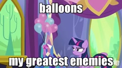 Size: 854x480 | Tagged: safe, edit, edited screencap, imported from derpibooru, screencap, twilight sparkle, alicorn, pony, celestial advice, balloon, caption, female, horn, image macro, meme, solo, text, twilight sparkle (alicorn), wings