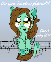 Size: 2000x2434 | Tagged: safe, artist:chopsticks, imported from derpibooru, oc, oc only, oc:harmony keys, pegasus, pony, big eyes, chest fluff, cute, daaaaaaaaaaaw, female, flapping, gradient background, happy, hnnng, mare, music notes, musical instrument, musical staff, piano, simple background, smiling, solo, text