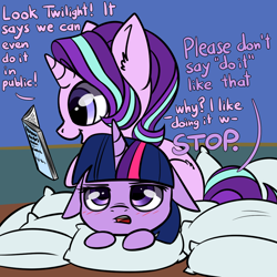 Size: 1080x1080 | Tagged: safe, artist:duop-qoub, artist:tjpones, imported from derpibooru, starlight glimmer, twilight sparkle, alicorn, pony, unicorn, blushing, book, cuddling, dialogue, duo, duo female, ear fluff, embarrassed, female, floppy ears, innocent innuendo, mare, pillow, platonic, platonic cuddling, twilight sparkle (alicorn)