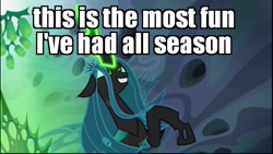 Size: 1024x576 | Tagged: safe, edit, edited screencap, imported from derpibooru, screencap, queen chrysalis, changeling, changeling queen, evil grin, female, fourth wall, glowing eyes, grin, image macro, majestic, meme, power rangers, power rangers ninja storm, rearing, smiling, solo