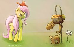 Size: 2190x1388 | Tagged: safe, artist:liracrown, imported from derpibooru, fluttershy, bird, pegasus, pony, squirrel, angry, bird feeder, caught, climbing, digital art, female, folded wings, frown, glare, grumpy, looking at something, looking down, mare, nose wrinkle, pointing, seeds, sign, wing hands