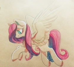 Size: 2559x2343 | Tagged: safe, artist:goldenrainynight, imported from derpibooru, fluttershy, pegasus, pony, female, floating, flying, looking down, mare, profile, smiling, solo, spread wings, traditional art