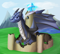 Size: 3600x3200 | Tagged: safe, artist:ampderg, imported from derpibooru, oc, oc only, oc:blue jewel, oc:lindys, dragon, wyvern, castle, gem, macro, magic, tower