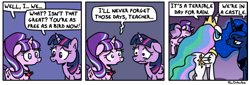 Size: 650x222 | Tagged: safe, artist:foudubulbe, imported from derpibooru, princess celestia, princess luna, starlight glimmer, twilight sparkle, alicorn, pony, unicorn, celestial advice, comic, crying, dialogue, floppy ears, fullmetal alchemist, hilarious in hindsight, hug, lidded eyes, looking at each other, open mouth, roy mustang, royal sisters, sad, that was fast, twilight sparkle (alicorn), wavy mouth