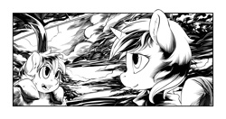 Size: 2550x1350 | Tagged: safe, artist:halley-valentine, artist:hobbes-maxwell, imported from derpibooru, oc, oc only, oc:littlepip, earth pony, pony, unicorn, fallout equestria, fallout equestria illustrated, black and white, clothes, fanfic, fanfic art, female, grayscale, horn, jumpsuit, mare, monochrome, pipbuck, train, vault suit