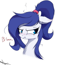 Size: 4096x4096 | Tagged: safe, artist:aurelleah, imported from derpibooru, oc, oc only, oc:rescue pony, pegasus, pony, :t, absurd resolution, angry, aurelleah is trying to murder us, baka, blushing, bust, cute, frown, messy mane, ponytail, scrunchy face, simple background, solo, transparent background, tsundere