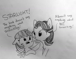 Size: 1280x998 | Tagged: safe, artist:tjpones, imported from derpibooru, starlight glimmer, twilight sparkle, alicorn, pony, unicorn, blushing, chest fluff, dialogue, female, grayscale, imminent kissing, lesbian, mare, monochrome, mwah, non-consensual smoochies, shipping, simple background, smooch, traditional art, twilight sparkle (alicorn), twistarlight, varying degrees of want, white background