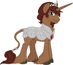 Size: 800x718 | Tagged: safe, artist:tambelon, imported from derpibooru, oc, oc only, oc:king bray, classical unicorn, pony, unicorn, armor, cloven hooves, jewelry, leonine tail, male, royalty, solo, stallion, tiara, unshorn fetlocks