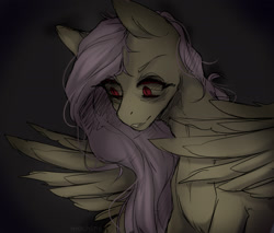 Size: 2100x1792 | Tagged: safe, artist:shinoamashiro, imported from derpibooru, fluttershy, bust, female, gritted teeth, looking at something, looking down, portrait, red eyes, solo, spread wings