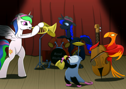 Size: 1754x1240 | Tagged: safe, artist:frenkieart, imported from derpibooru, philomena, princess celestia, princess luna, tiberius, alicorn, phoenix, pony, bipedal, bow (instrument), cello, drums, hat, musical instrument, pipe, saxophone, spread wings, trumpet