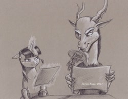 Size: 1500x1165 | Tagged: safe, artist:baron engel, imported from derpibooru, discord, twilight sparkle, draconequus, pony, duo, facial hair, glowing horn, goatee, headset, looking at each other, magic, microphone, monochrome, paper, pencil drawing, script, sketch, smiling, traditional art