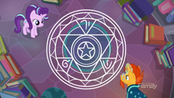 Size: 1280x720 | Tagged: safe, imported from derpibooru, screencap, starlight glimmer, sunburst, pony, unicorn, celestial advice, book, duo, glowing, glowing horn, horn, magic, magic circle, summoning circle