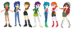 Size: 4096x1626 | Tagged: safe, artist:mlprocker123, imported from derpibooru, flash sentry, heath burns, indigo wreath, normal norman, teddy t. touchdown, thunderbass, timber spruce, equestria girls, absurd resolution, alternate universe, background human, blu lightning, clothes, compression shorts, equestria guys, eyes closed, female, flare warden, forest pine, grin, jacket, looking at you, male, normal norma, rule 63, shoes, shorts, simple background, skirt, smiling, socks, transparent background