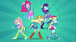 Size: 1920x1080 | Tagged: safe, imported from derpibooru, screencap, applejack, fluttershy, pinkie pie, rainbow dash, rarity, equestria girls, balloon, boots, clothes, compression shorts, cowboy boots, cowboy hat, denim skirt, eyes closed, female, hat, helping twilight win the crown, high heel boots, humane five, implied princess twilight, implied twilight sparkle, jewelry, jumping, mane six, open mouth, skirt, socks, stetson, wondercolts, wondercolts uniform