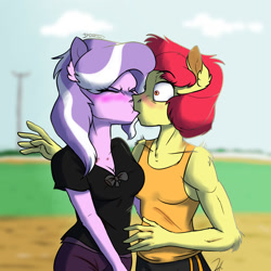 Size: 1500x1500 | Tagged: safe, artist:shimazun, imported from derpibooru, apple bloom, diamond tiara, anthro, earth pony, blushing, breasts, cleavage, clothes, diamond tsundiara, diamondbloom, eyes closed, female, foe yay, kiss on the lips, kissing, lesbian, muscles, older, older apple bloom, older diamond tiara, pants, shipping, surprise kiss, tanktop