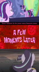 Size: 1024x1869 | Tagged: safe, imported from derpibooru, starlight glimmer, twilight sparkle, twilight sparkle (alicorn), alicorn, pony, celestial advice, the cutie re-mark, alternate timeline, ashlands timeline, barren, fail, future, implied genocide, krusty love, post-apocalyptic, spongebob squarepants, spongebob time card, wasteland, you had one job