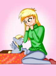 Size: 1100x1500 | Tagged: safe, artist:focusb, imported from derpibooru, derpy hooves, human, pony, blushing, christmas, clothes, cute, eyes closed, human ponidox, humanized, lip bite, open mouth, pants, present, scarf, self ponidox