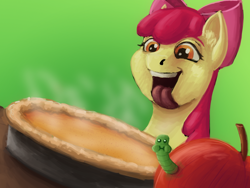 Size: 800x600 | Tagged: safe, artist:sa1ntmax, imported from derpibooru, apple bloom, worm, apple, apple pie, female, food, pie, solo, steam, tabun art-battle, tongue out